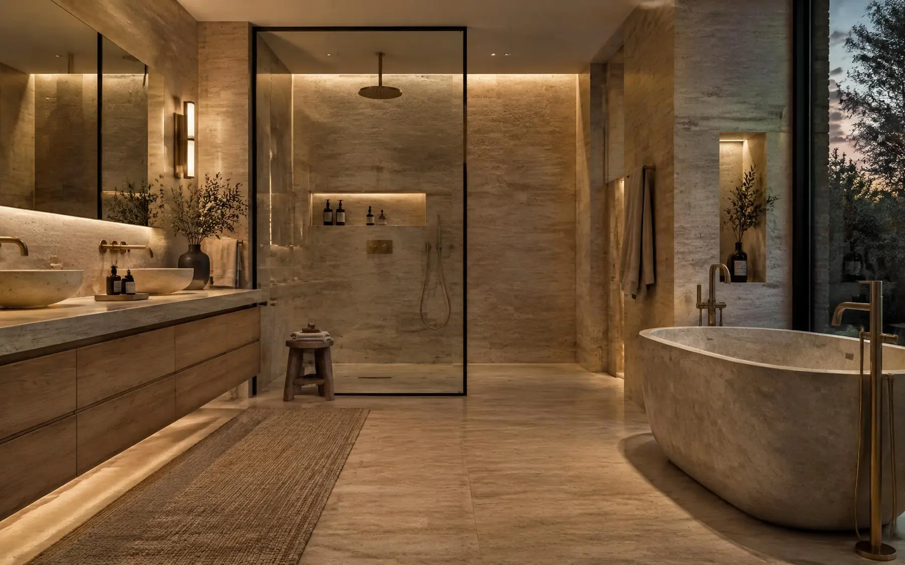 Luxe badkamer met natuursteen, inloopdouche en brushed brass details